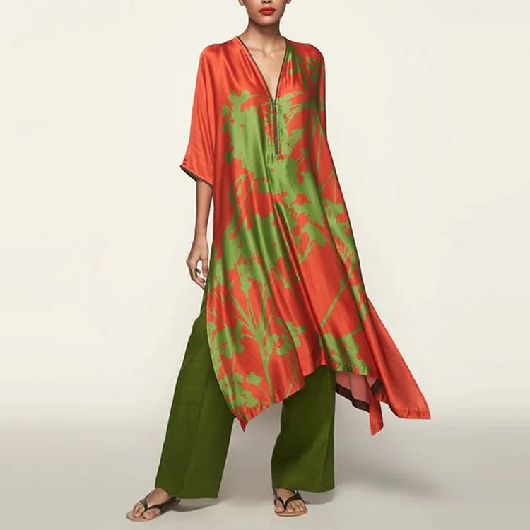 VChics Zipper V Neck Color Block Printed Two-piece Set