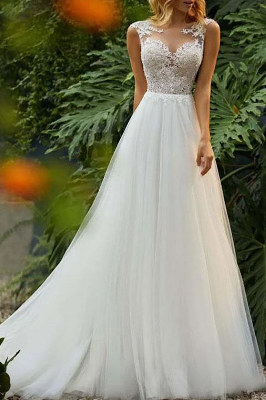 Sleeveless Tulle Lace Wedding Dress Long | Ballbellas Ballbellas