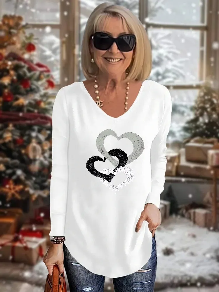 Three Love Pattern Printed V-neck T-shirt