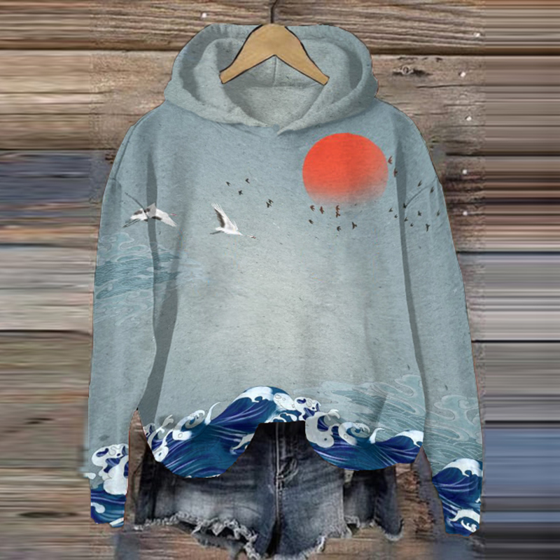 Comstylish Women Japanese Art Sunset Glow Printed Hoodie
