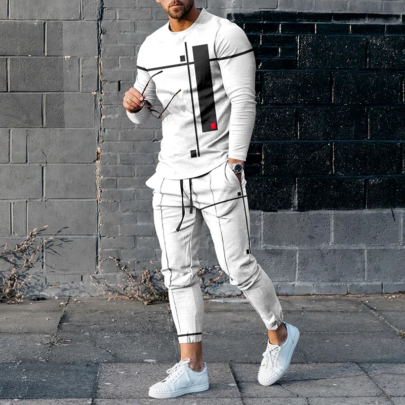 Geometric Lines Casual White Print T-Shirt And Pants Co-Ord