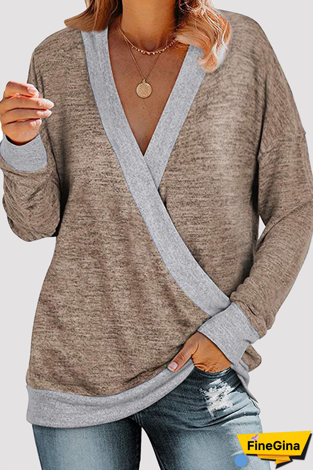 Casual Patchwork Basic  Contrast V Neck Tops