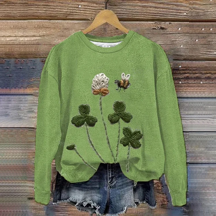 VChics Women's St. Patrick Embroidered Clover And Bee Print Casual Sweatshirt