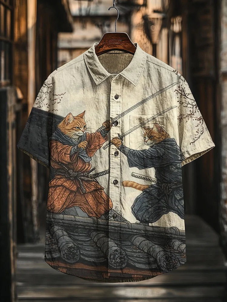 Men's Warrior Cats Fighting On The Rooftop Art Print Casual Shirt