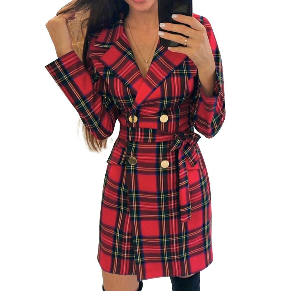 Sale Fashion Brand New Women Slim Long Trench Coat Double-Breasted Belt red plaid Windbreaker Autumn Spring Outerwear D30