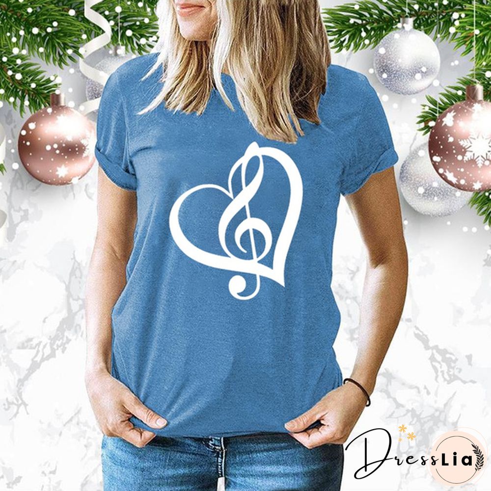 Cute Music Printed T-Shirts Women Short Sleeve Funny Round Neck Tee Shirt Casual Summer Tops