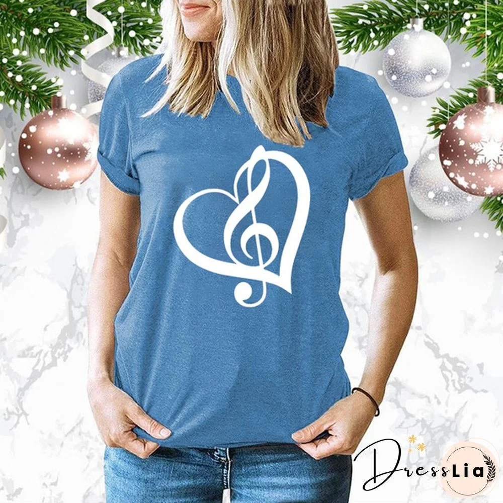 Cute Music Printed T-Shirts Women Short Sleeve Funny Round Neck Tee Shirt Casual Summer Tops