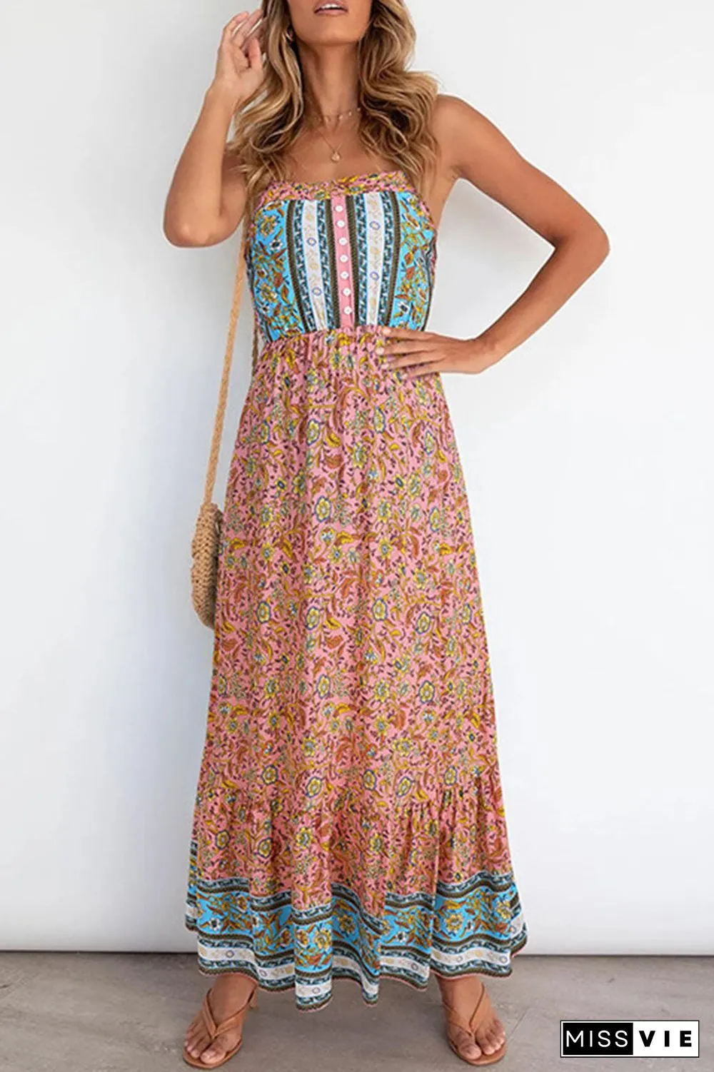 Fashion Elegant Print Split Joint Spaghetti Strap A Line Dresses