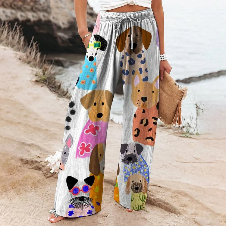 Women's Minimalist Colorful Cartoon Puppy Print Wide Leg Pants