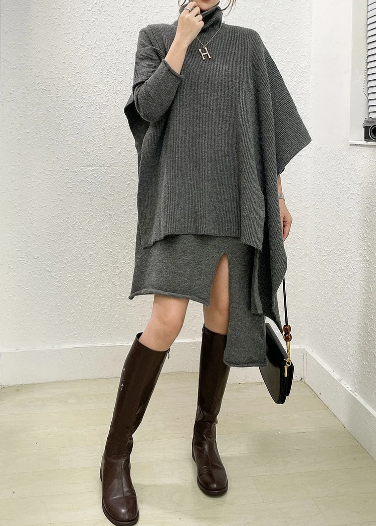 French Grey Turtle Neck Asymmetrical Knit Two Piece Set Outfits Cloak Sleeves