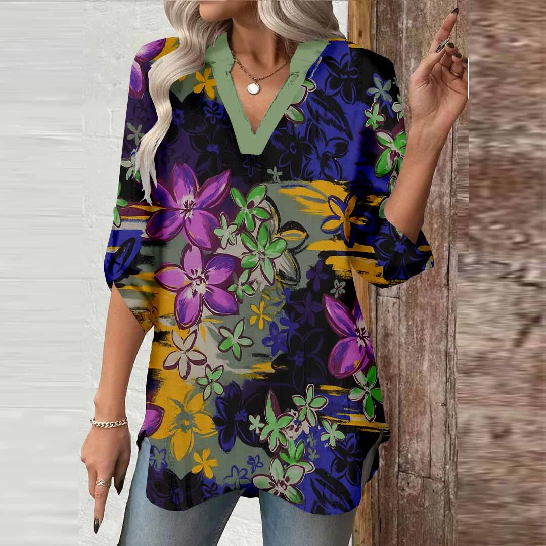 Women Black, Purple, Flowers DZGA0465 3/4 Sleeve V-neck Printed Graphic Button Tops