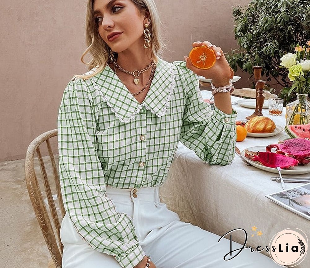 Autumn Office Lady Gingham Square Pattern Shirt Women Casual V-neck Brown Skinny Blouse Female Regular Sleeves Top