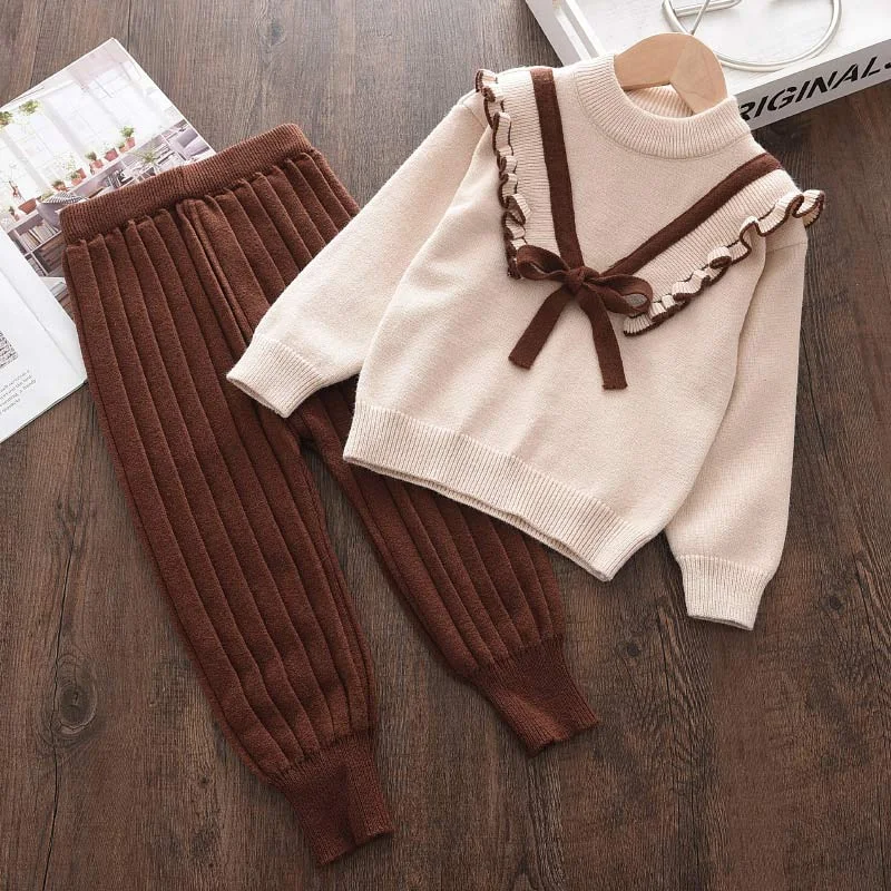Bear Leader Baby Girls Autumn Winter Fashion Bow Knitted Thick Clothes Sets Kids Long Sleeve Sweater Pants Set Baby Girl Outfit