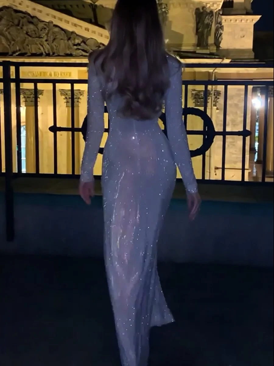 Elegant Crew Neck Long Sleeve High Slit Maxi Dress