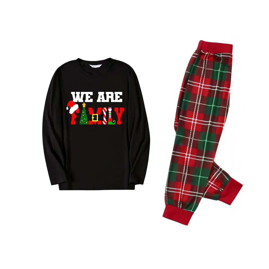 We are family Text Pattern Red and Green Plaid Family Matching Pajamas