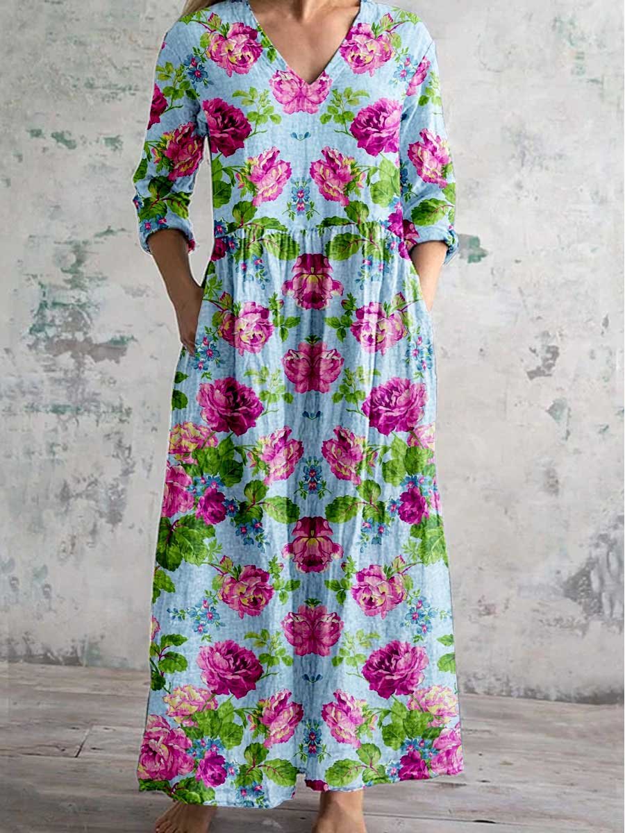 Women's Art Rose Floral V Neck Dress With Pockets