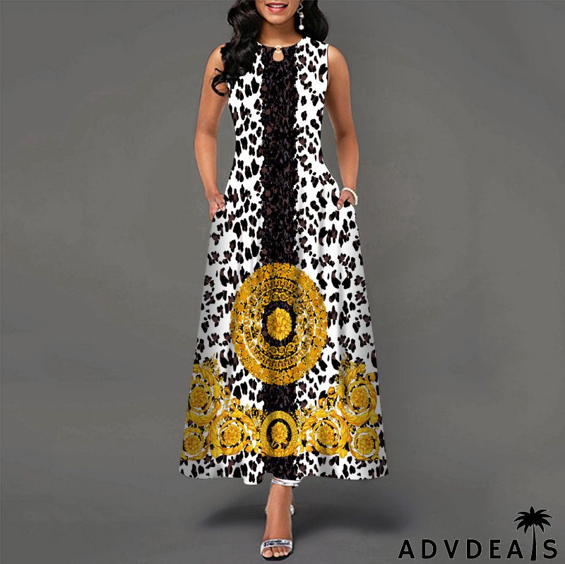 Women Fashion Plus Size Graphic Printing Sleeveless Swing Dress