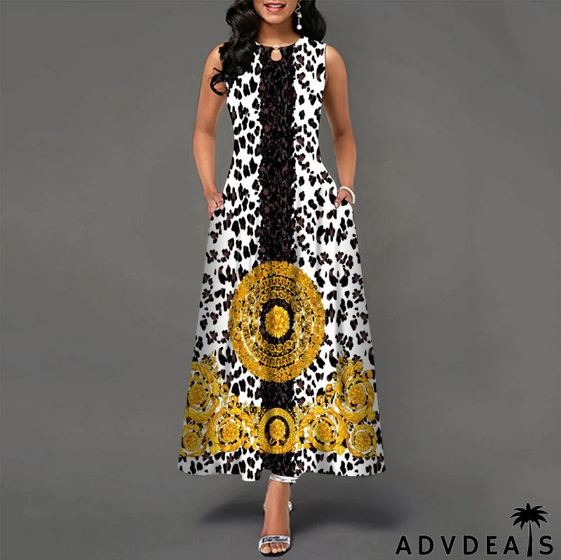 Women Fashion Plus Size Graphic Printing Sleeveless Swing Dress