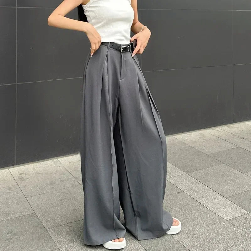 Baggy Casual Grey Suit Pants Woman Korean Fashion Classical Office Ladies Wide Leg Trousers High Waist Basic Pantalone Aiertu