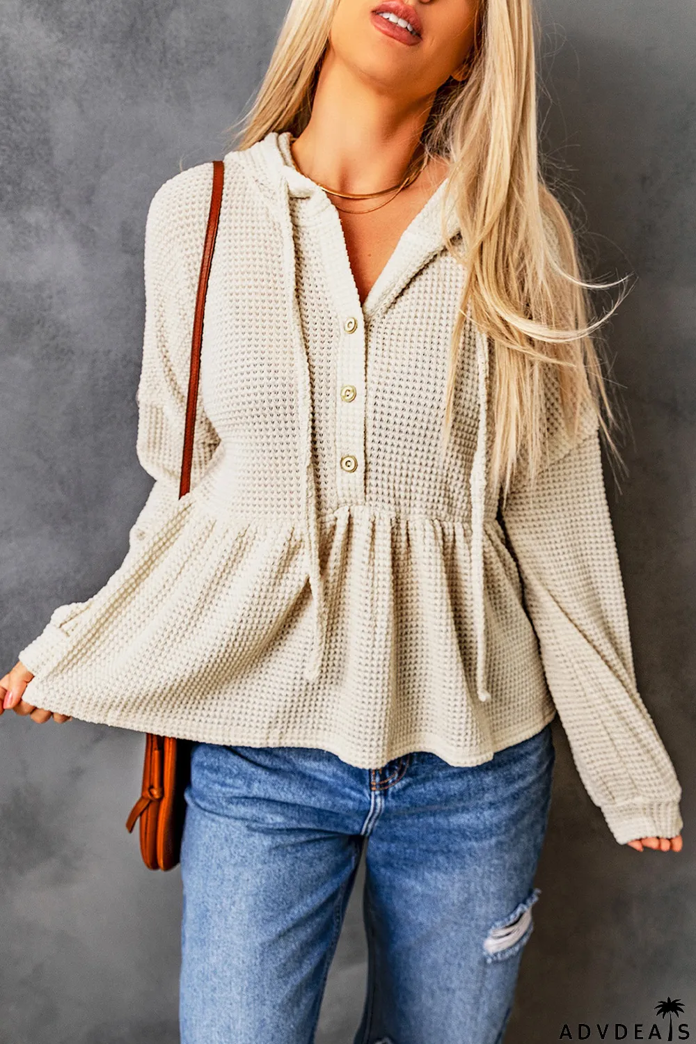 Apricot Waffle Knit Buttons Ruffled Hooded Top