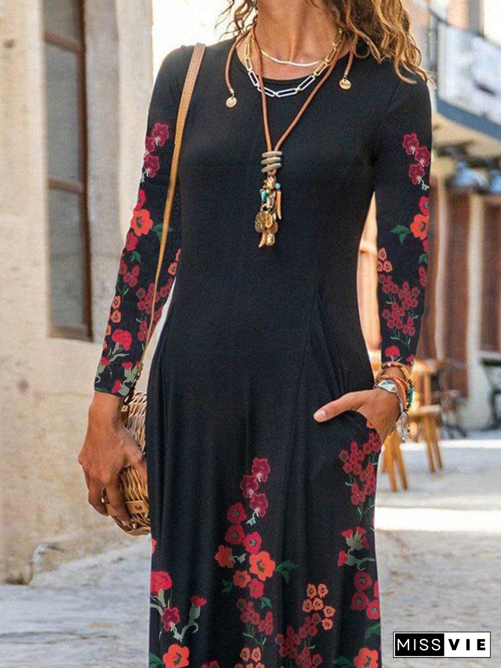 Loosen Pastoral Crew Neck Dresses