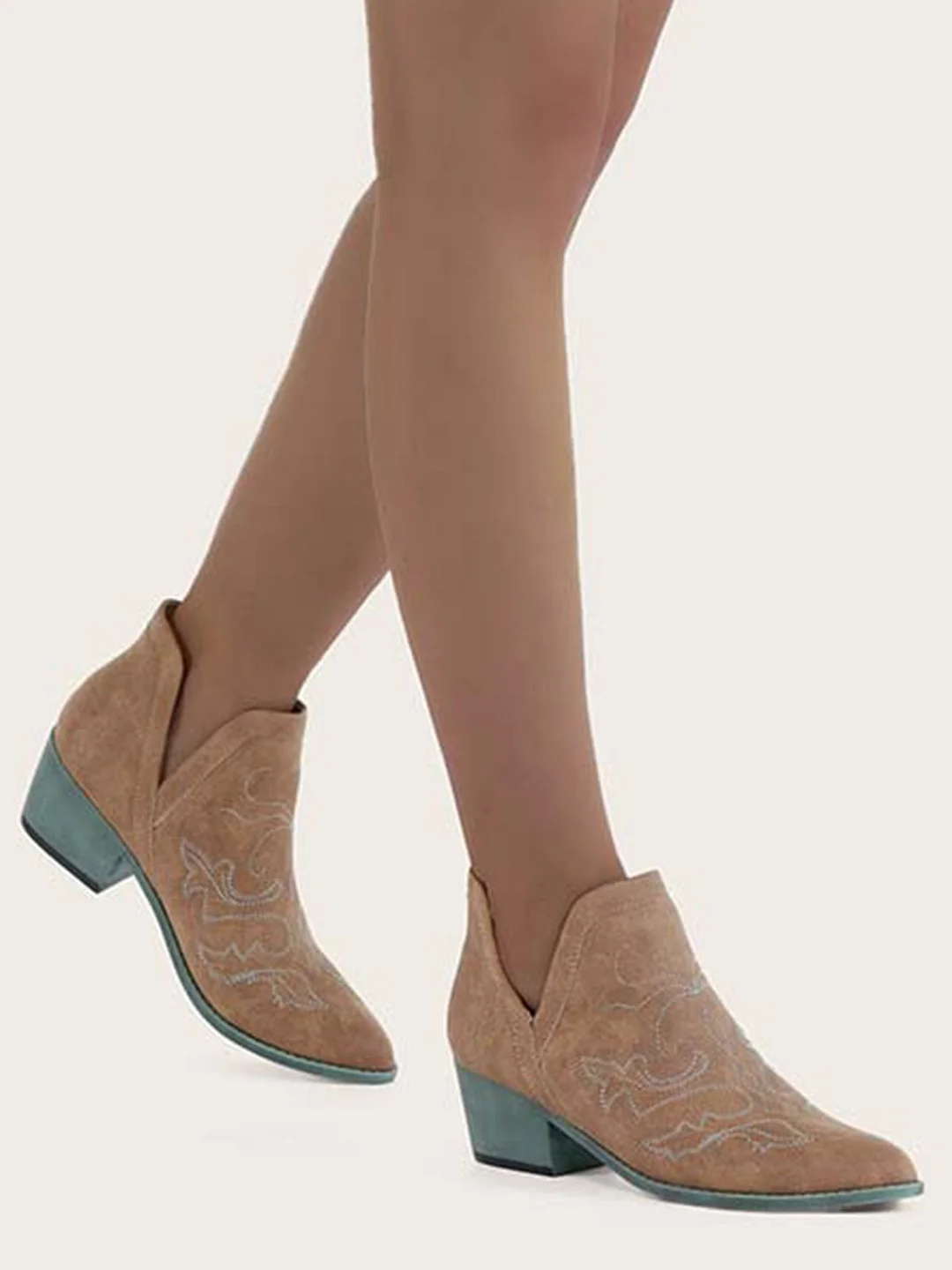Khaki Suede Western Ankle Boots with Embroidered Graphics