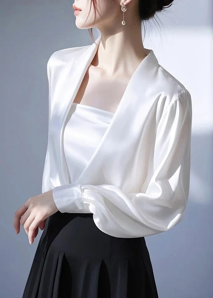 Classy White V Neck Solid Satin Shirt Spring