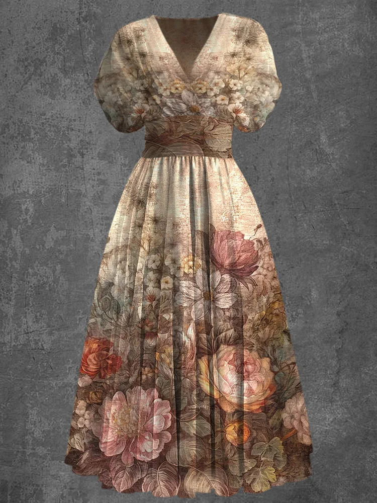 Retro Glam Floral Art Printed Elegant V-Neck Vintage Chic Short Sleeve Maxi Dress