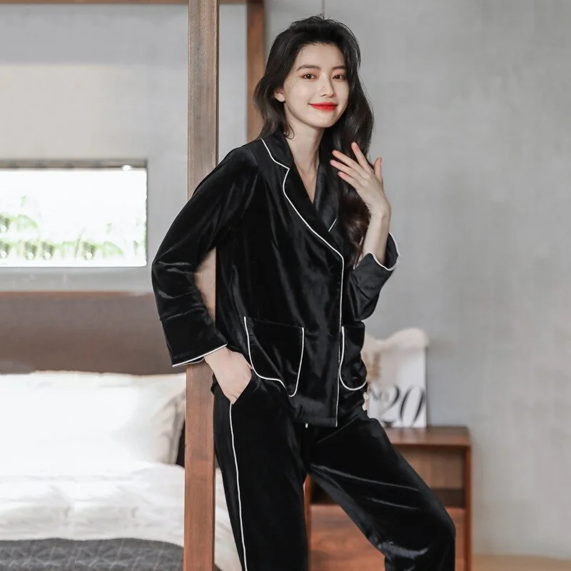 Gold Velvet Pajamas Set Women's New Long Sleeve 2Pcs Nightwear Warm Velour Sleepwear Home Clothes Autumn and Winter Loungewear