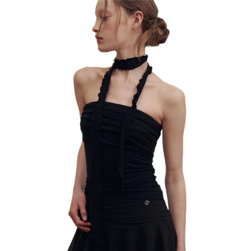 Toloer Toloer 2024 New Women's Solid Color Slim Fashion One Word Collar Pleated Sexy Show Back Vest-Outfit Ideas