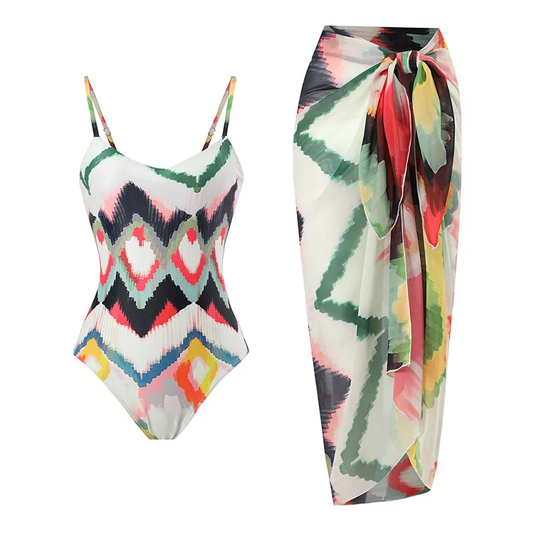 Strappy Tie-dye Printed One Piece Swimsuit and Sarong Flaxmaker