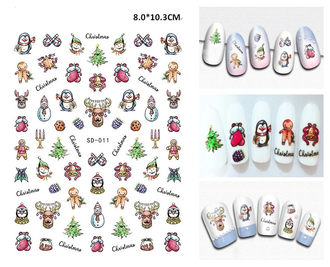 Merry Christmas 3D Nails Sticker Winter Cute Cartoon Sliders Snowflake Elk Xmas Tree Decal UV Gel Polisn Manicures Foils Decor-Nail Inspo