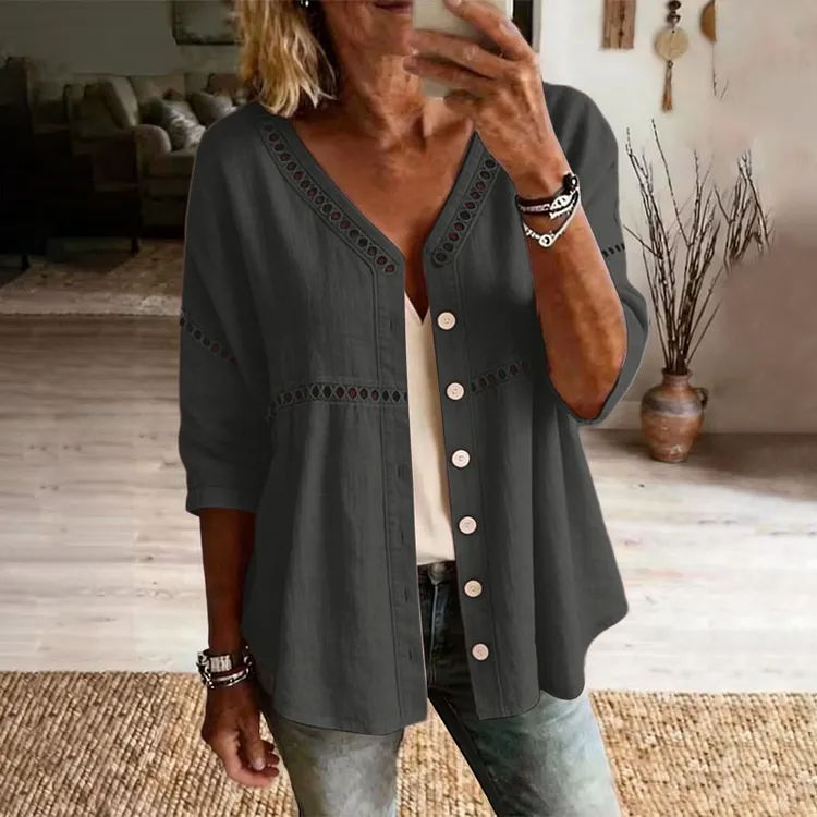 Women's Solid Color Openwork Lace Patchwork Comfortable Linen Blend Cardigan