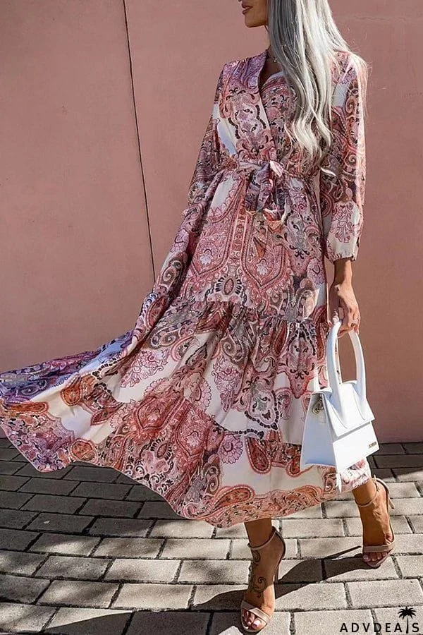 Printed V-Neck Tie Midi Dress