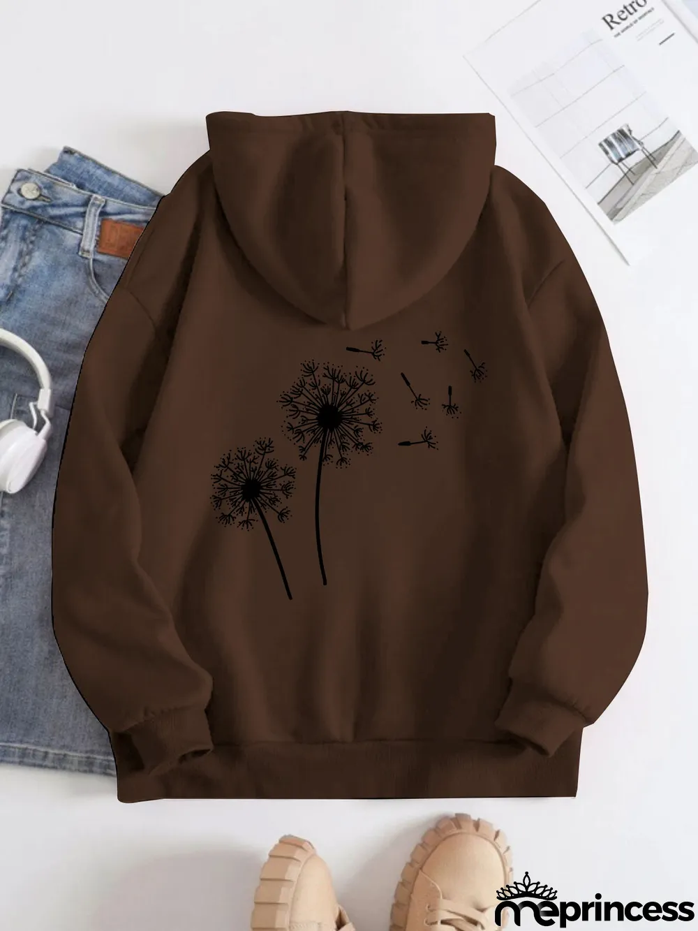 Printed on the Back Kangaroo Pocket Hoodie Long Sleeve for Women Pattern Dandelion