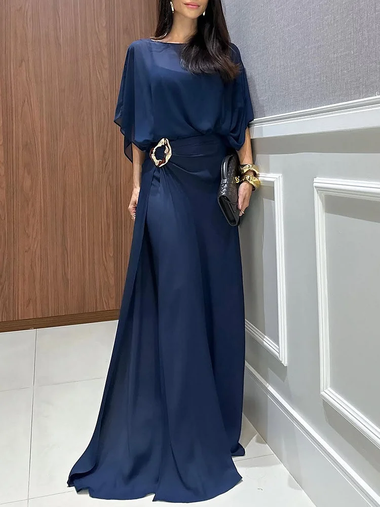 Women's Round-neck 3/4-sleeve Casual Loose Chiffon Top & High-waisted Wide-leg Pants Set