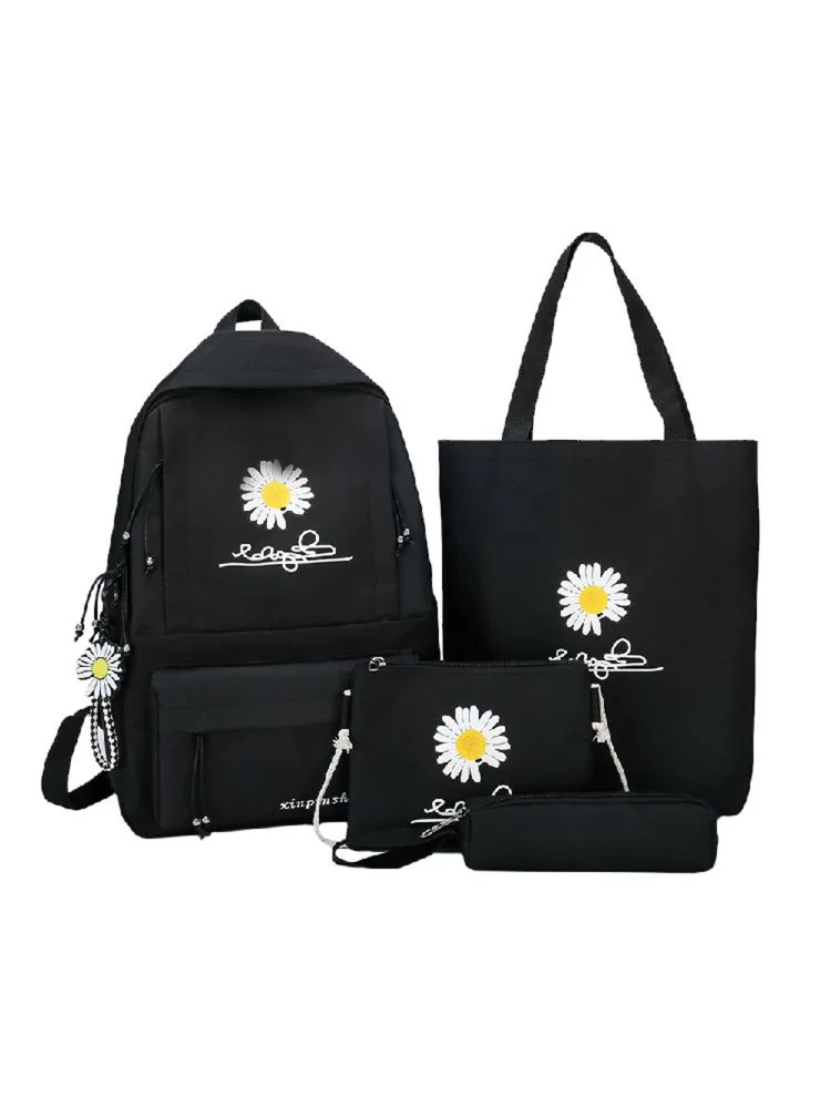 4pcs/Set Canvas Backpack Student Girl Daisy Mochila Pen Clutch Bag (Black)