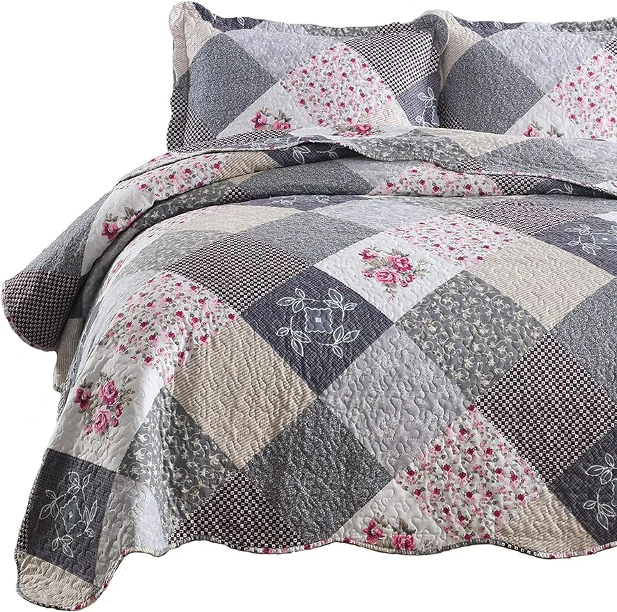 Qucover Quilts Sets-Quilt Bedspread Reversible Patchwork Floral Coverlet Set, Lightweight Country Quilts Bedding Set with 2 Pillow Shams