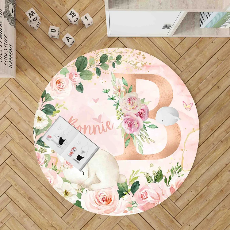 Personalized Baby Rose Flowers Bunny Round Rug|R102