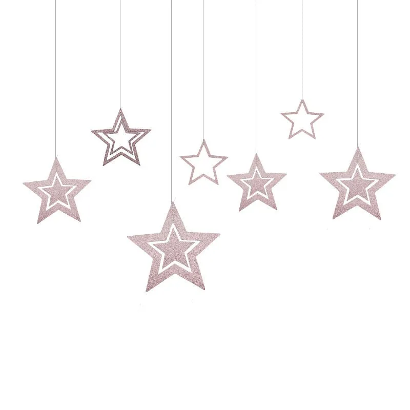 Rose Gold Hollow Star Paper Garlands Banner Hanging for Wedding Christmas Decorations Kids Birthday Party Supplies Baby Shower