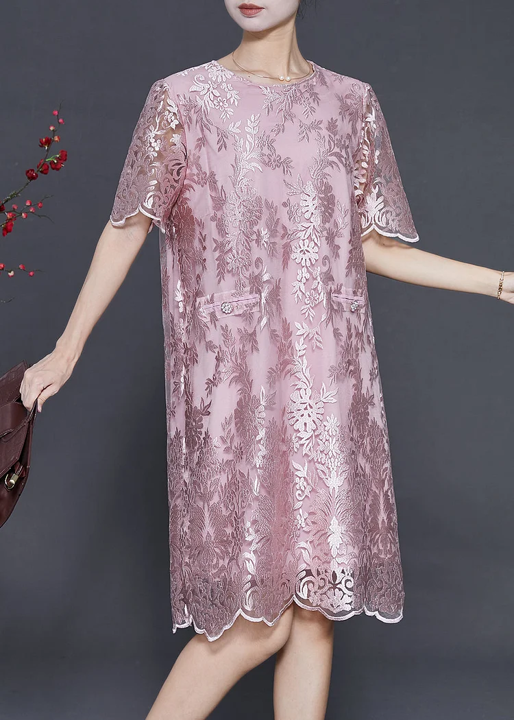 Boho Pink Embroidered Silk Tea Dress Summer