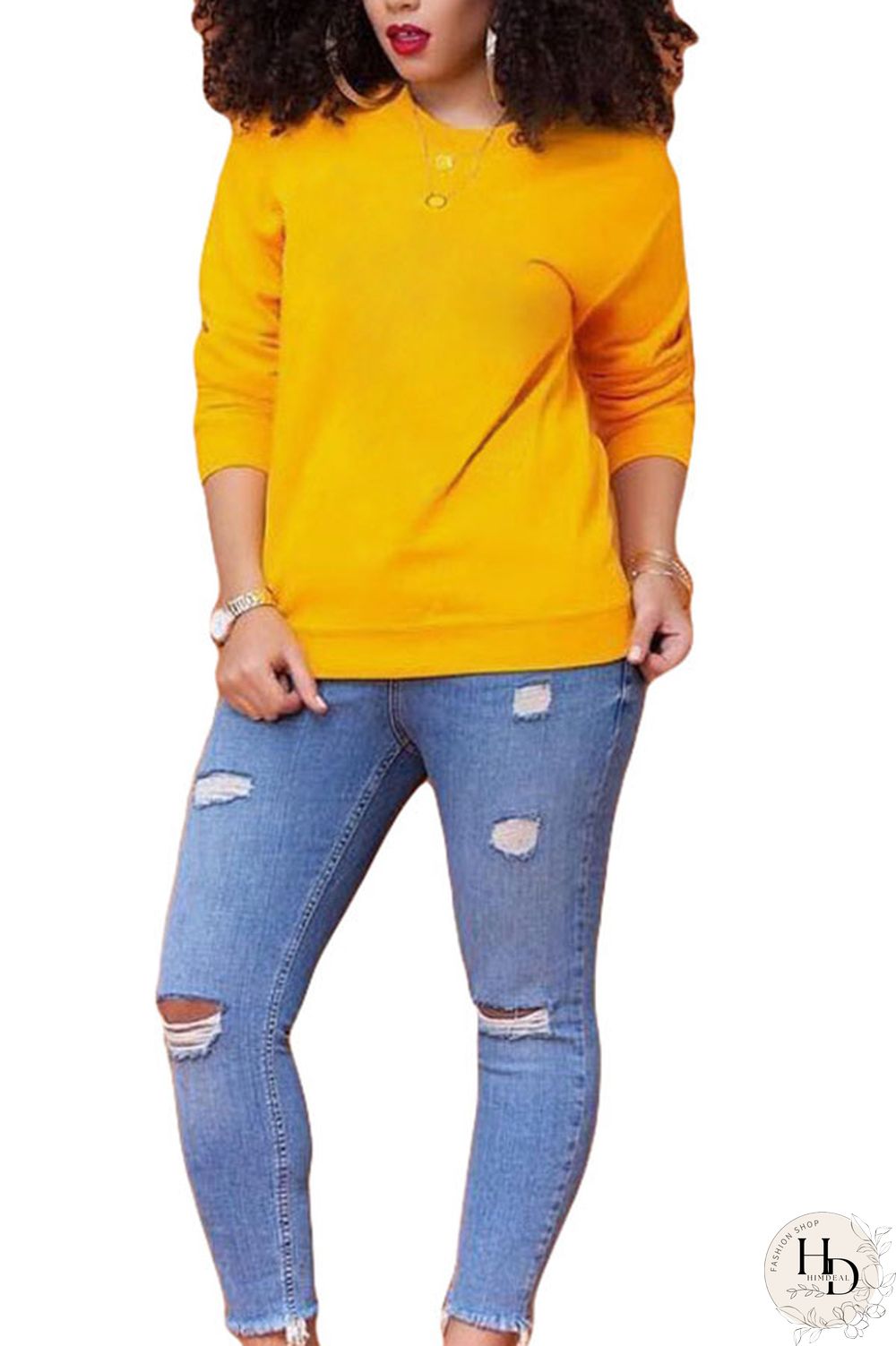 Orange Polyester O Neck Long Sleeve Solid Tops