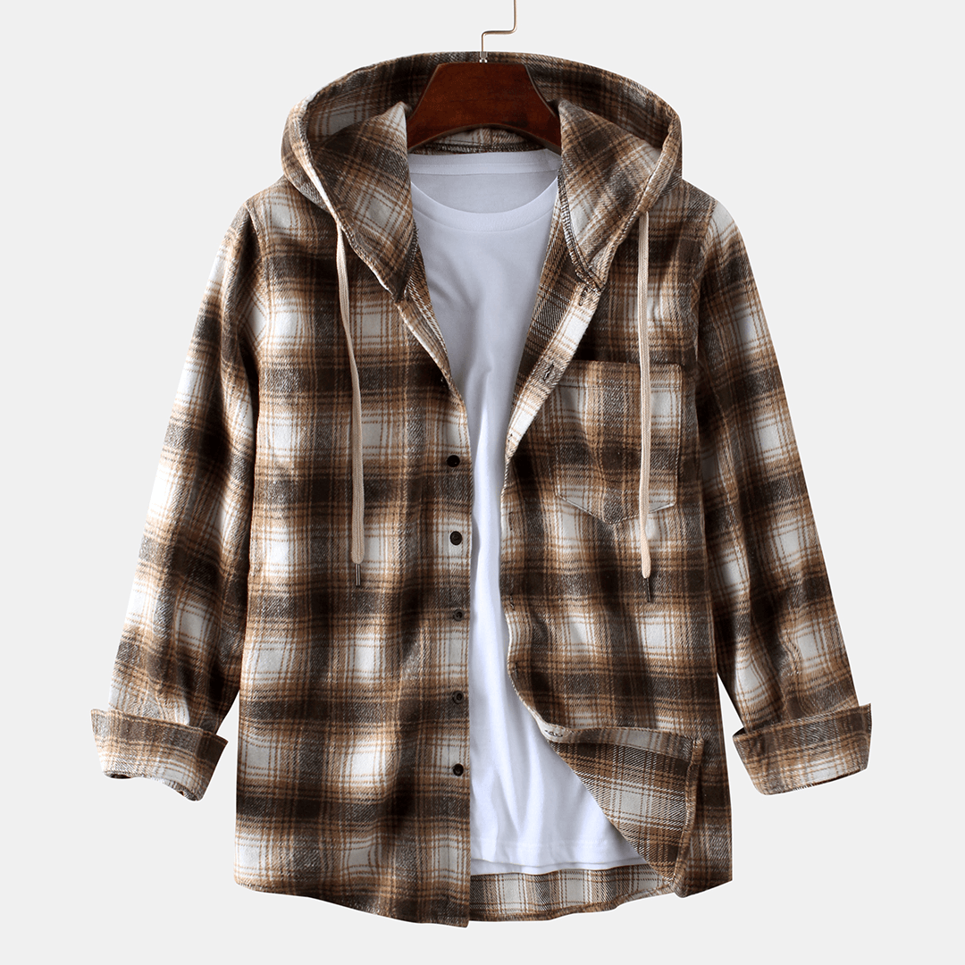 Men'S New Fashion Plaid Printing Loose Sanding Hooded Long-Sleeved Shirts Coats