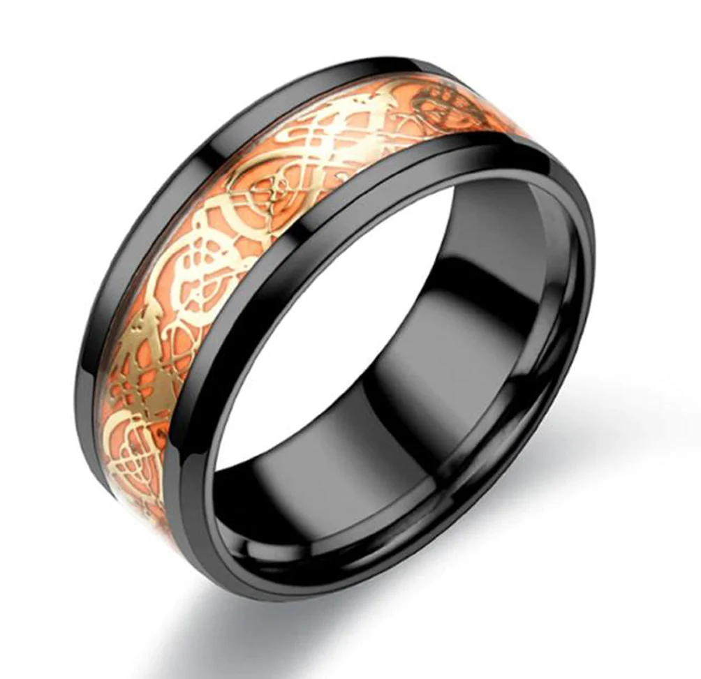 Black Celtic Tungsten Wedding Bands Orange Resin Inlay Gold Celtic Knot Glowing Tungsten Carbide Rings For Women or Men