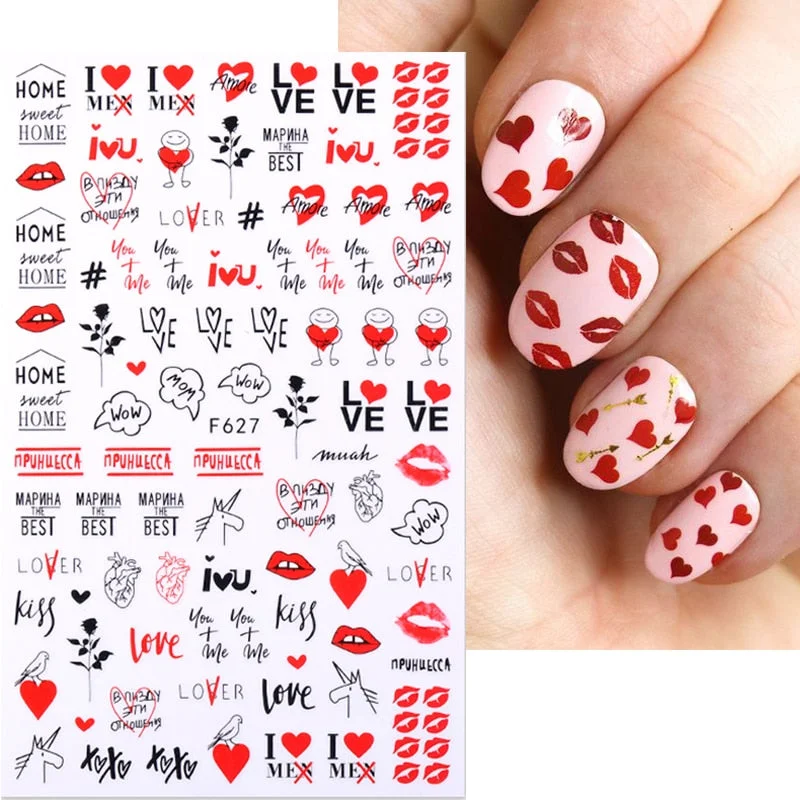 1PC 3D Nail Stickers Red Heart Love Self-Adhesive Slider Nail Art Decorations Valentine's Day Decals Manicure Accessories Tool-Nail Inspo