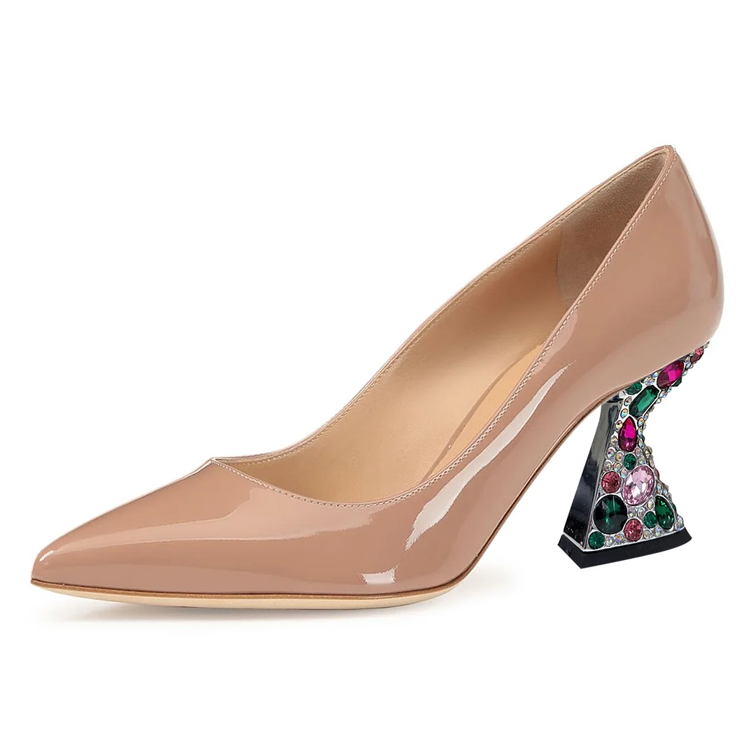 Nude Patent Leather Pointed Colorful Rhinestone Embellished Pumps 