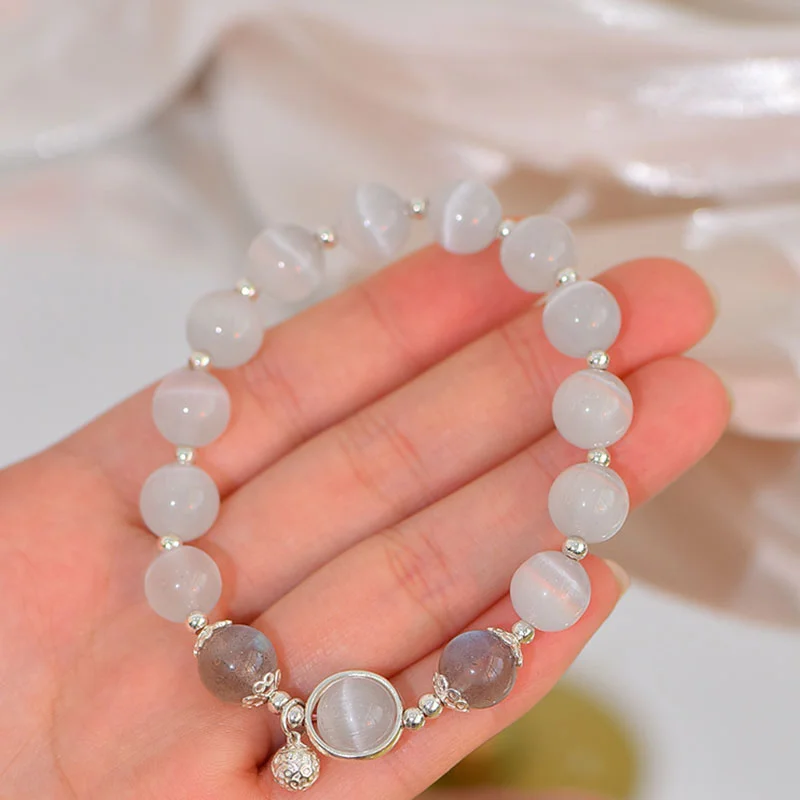 925 Sterling Silver Cat Eye Moonstone Love Support Bracelet