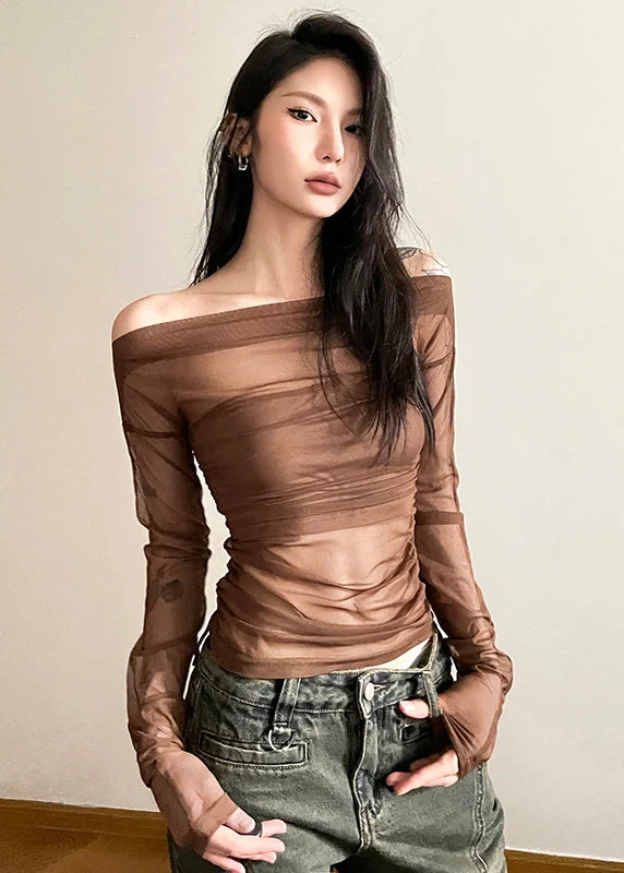 Sexy Brown Tulle Hollow One Line Neck Long Sleeved T Shirt Top