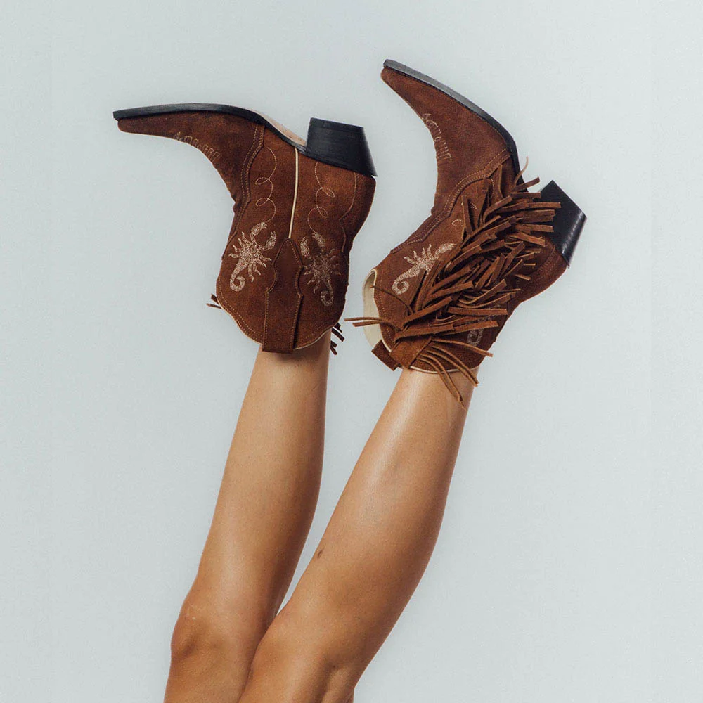 Brown Pointed Toe Scorpion Embroidery Chunky Heel Fringe Cowgirl Boots