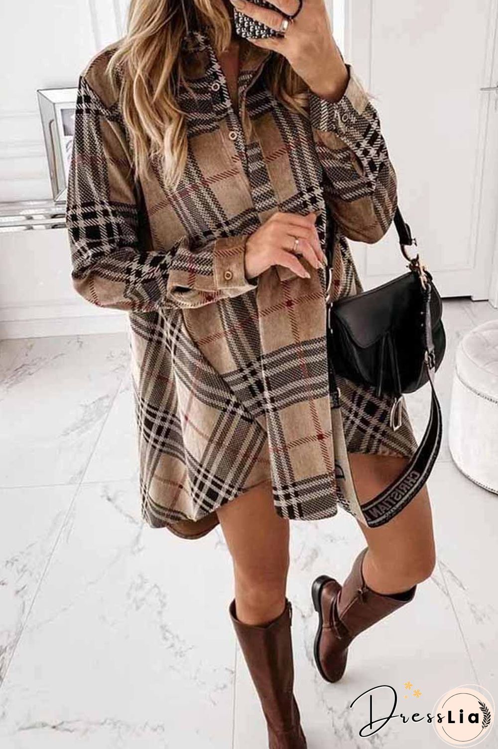 Loose Plaid Long Sleeve Shirt Mini Dress